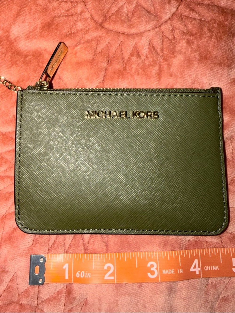 Michael Kors Olive Green Saffiano ID Wallet with Gold Zipper